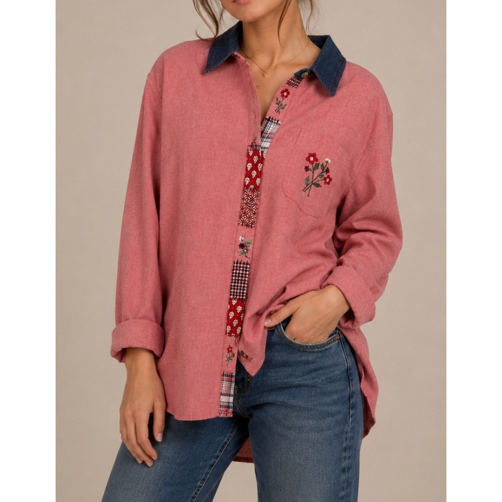 Cabin Creek Red Embroidered Floral Patchwork Denim Collar Button Up Shirt 18 W‎